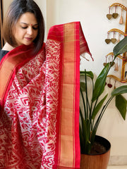 Pink, Red Handwoven Ikat Dupatta in Pure Silk