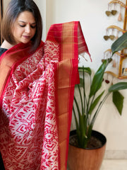 Pink, Red Handwoven Ikat Dupatta in Pure Silk