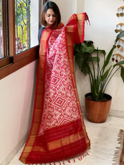 Pink, Red Handwoven Ikat Dupatta in Pure Silk