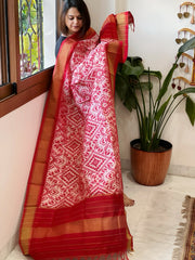 Pink, Red Handwoven Ikat Dupatta in Pure Silk