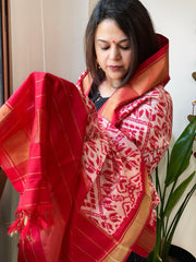 Pink, Red Handwoven Ikat Dupatta in Pure Silk