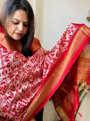 Pink, Red Handwoven Ikat Dupatta in Pure Silk
