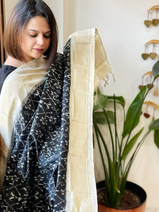 Black Handwoven Ikat Dupatta in Pure Silk