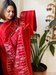 Red Handwoven Ikat Dupatta in Pure Silk