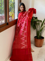Red Handwoven Ikat Dupatta in Pure Silk
