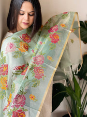 Aqua Green Kota Organza Dupatta with cross-stitch Jaal embroidery