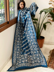 Firozi Blue Handmade Nakshi Kantha Dupatta in Pure Silk