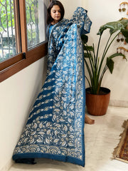 Firozi Blue Handmade Nakshi Kantha Dupatta in Pure Silk