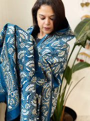 Firozi Blue Handmade Nakshi Kantha Dupatta in Pure Silk