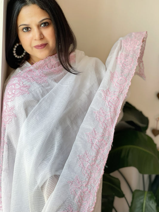 Pink, White Kota Cotton Dupatta with Thread Embroidered Border