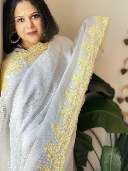 Yellow, White Kota Cotton Dupatta with Thread Embroidered Border