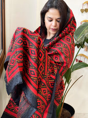 Black Handmade Nakshi Kantha Dupatta in Pure Silk