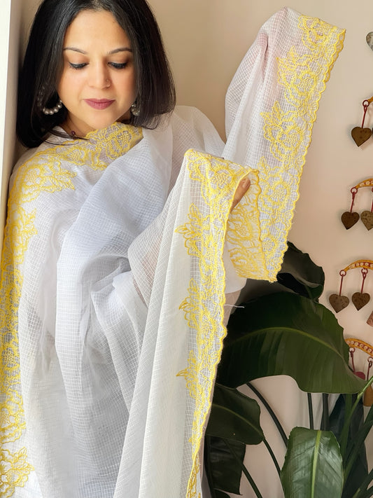 Yellow, White Kota Cotton Dupatta with Thread Embroidered Border