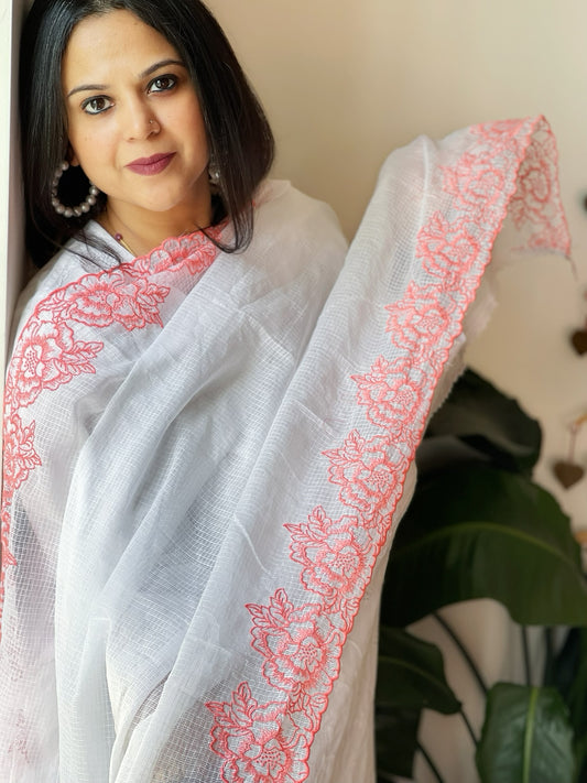Peachish Red, White Kota Cotton Dupatta with Thread Embroidered Border