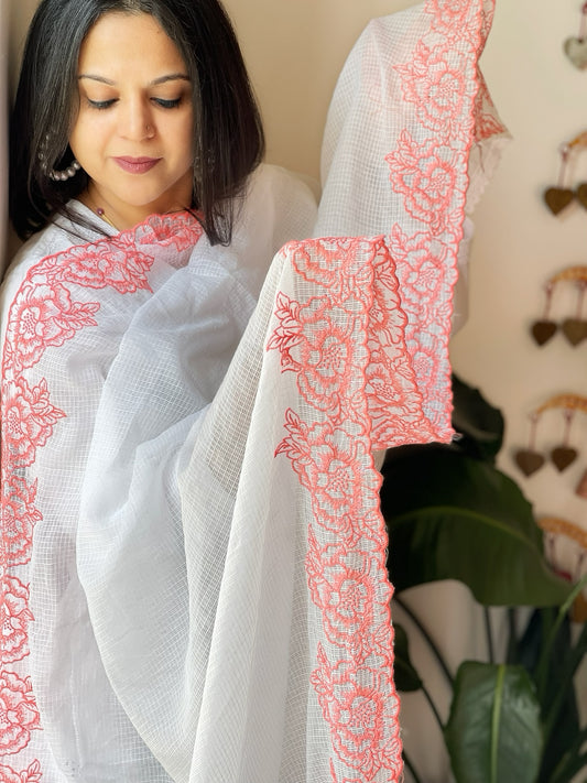 Peachish Red, White Kota Cotton Dupatta with Thread Embroidered Border