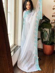 Blue, White Kota Cotton Dupatta with Thread Embroidered Border