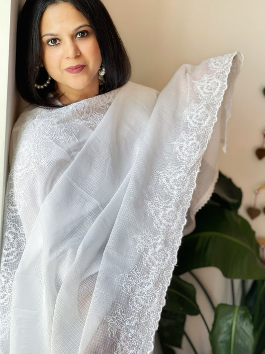 White Kota Cotton Dupatta with Thread Embroidered Border