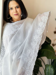 White Kota Cotton Dupatta with Thread Embroidered Border