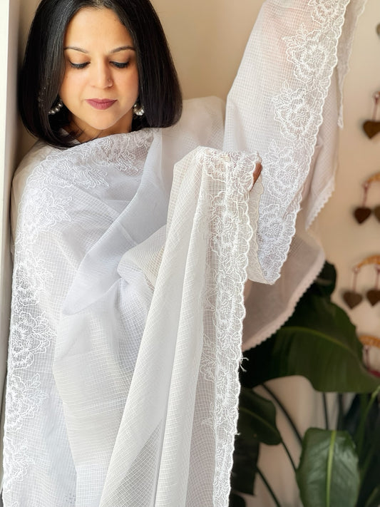 White Kota Cotton Dupatta with Thread Embroidered Border