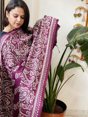 Wine Handmade Nakshi Kantha Dupatta in Pure Silk