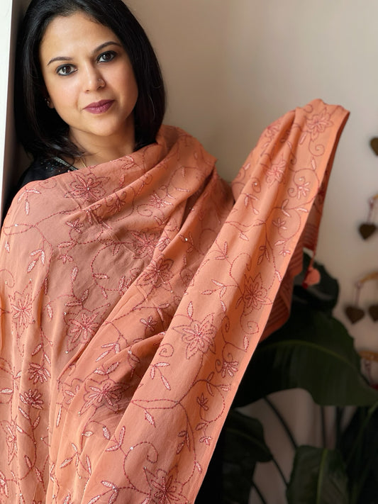 Peach Hand Embroidered Dupatta in Georgette