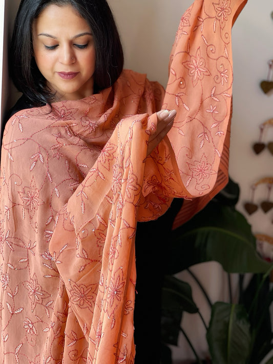 Peach Hand Embroidered Dupatta in Georgette