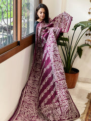 Wine Handmade Nakshi Kantha Dupatta in Pure Silk