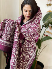 Wine Handmade Nakshi Kantha Dupatta in Pure Silk