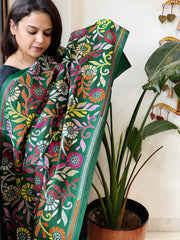 Green Handmade Nakshi Kantha Dupatta in Pure Silk