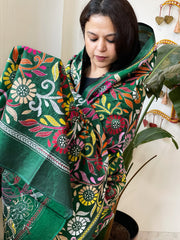 Green Handmade Nakshi Kantha Dupatta in Pure Silk