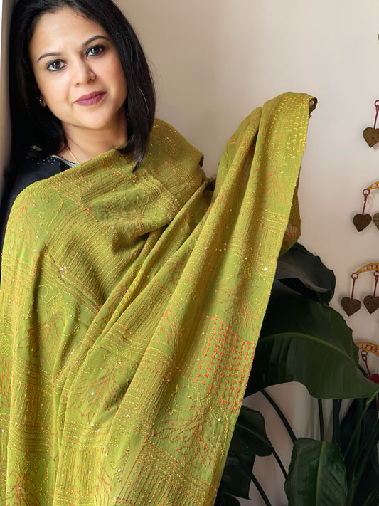Green Hand Embroidered Dupatta in Georgette