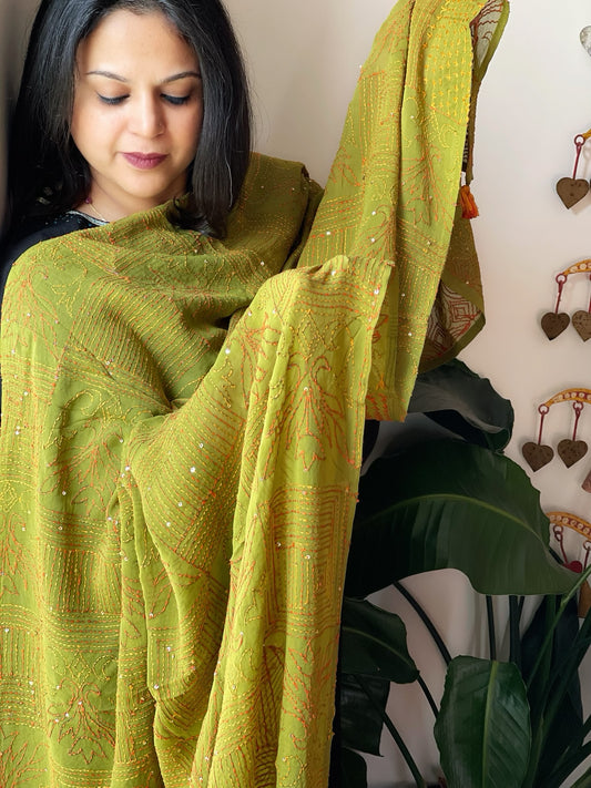 Green Hand Embroidered Dupatta in Georgette
