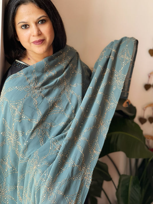 Greyish Green Hand Embroidered Dupatta in Georgette