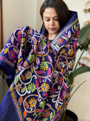 Purplish Blue Handmade Nakshi Kantha Dupatta in Pure Silk