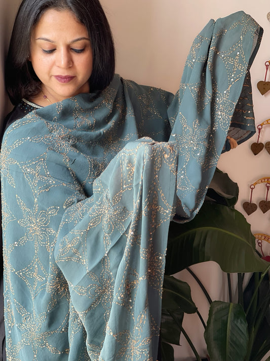 Greyish Green Hand Embroidered Dupatta in Georgette