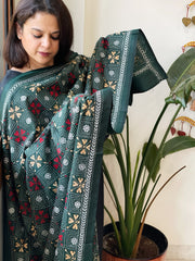 Green Handmade Nakshi Kantha Dupatta in Pure Silk