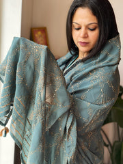 Greyish Green Hand Embroidered Dupatta in Georgette