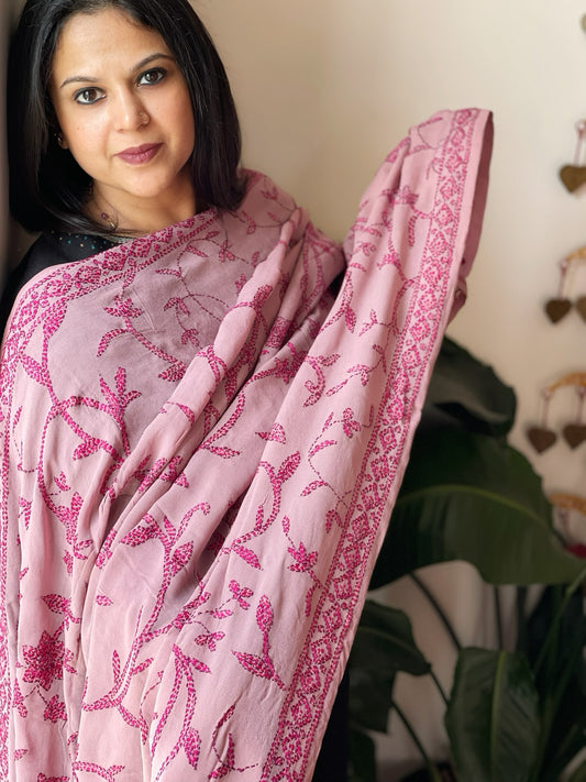Lite Pink Hand Embroidered Dupatta in Georgette