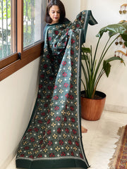 Green Handmade Nakshi Kantha Dupatta in Pure Silk