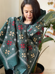 Green Handmade Nakshi Kantha Dupatta in Pure Silk