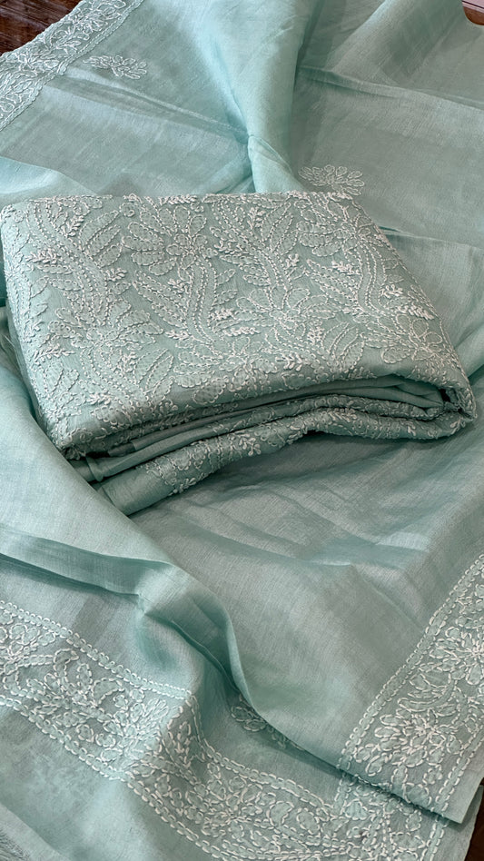 Aqua Blue Suit Set with Lucknowi Handwork in Pure Tussar Silk