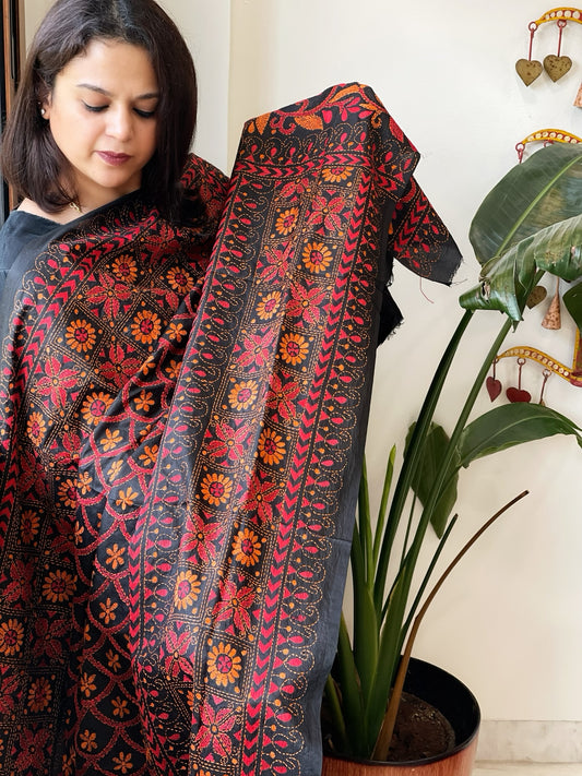 Black Handmade Nakshi Kantha Dupatta in Pure Silk