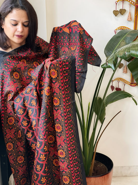Black Handmade Nakshi Kantha Dupatta in Pure Silk