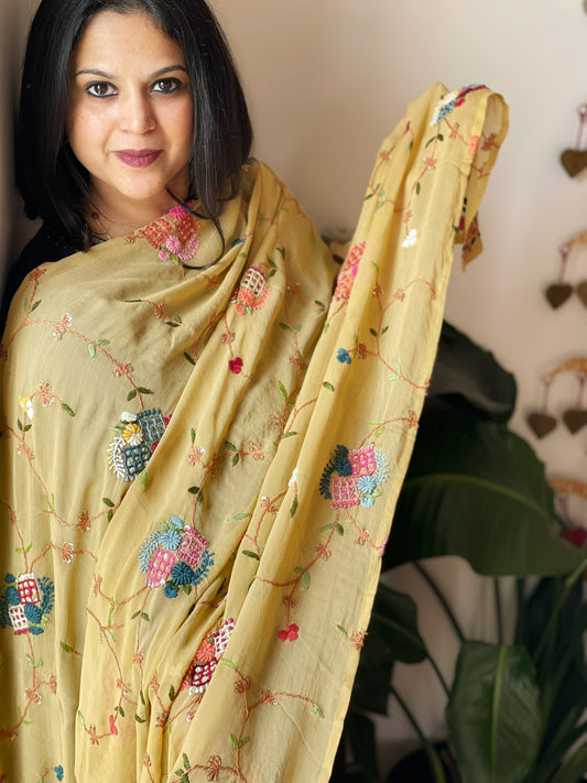 Yellow Hand Embroidered Dupatta in Georgette