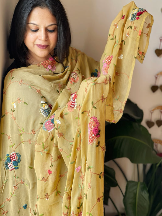 Yellow Hand Embroidered Dupatta in Georgette