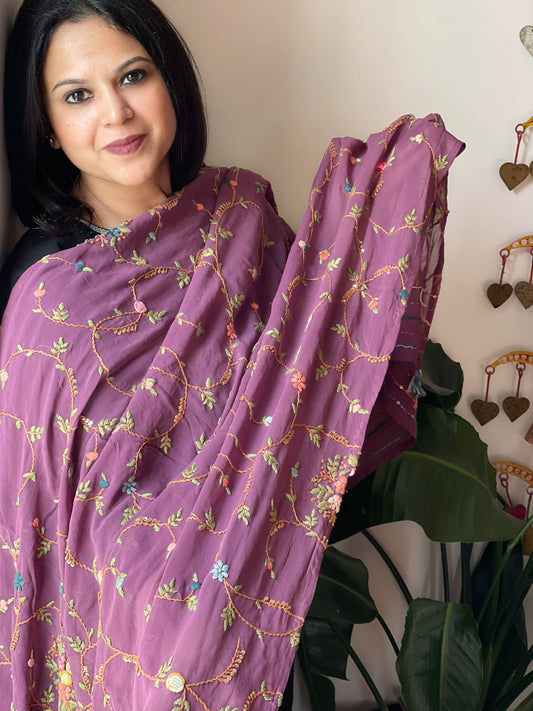 Purple Hand Embroidered Dupatta in Georgette
