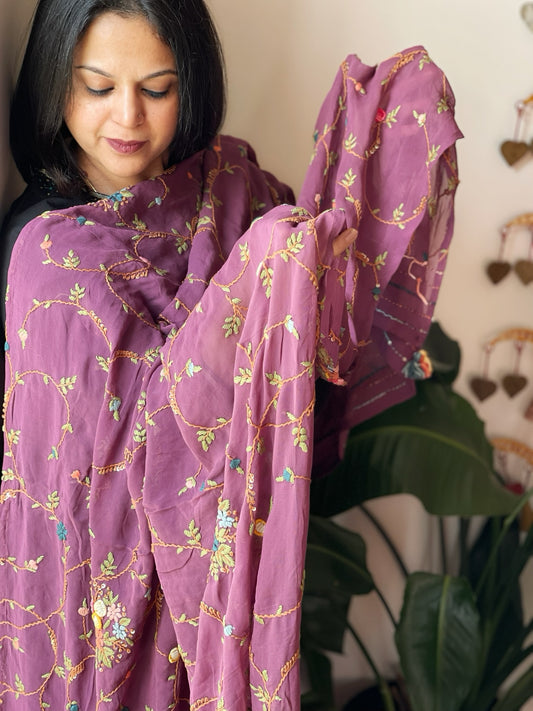 Purple Hand Embroidered Dupatta in Georgette