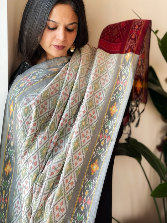 Handwoven Ikat Dupatta Pure Silk-Cotton