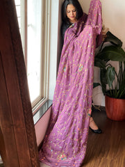Purple Hand Embroidered Dupatta in Georgette