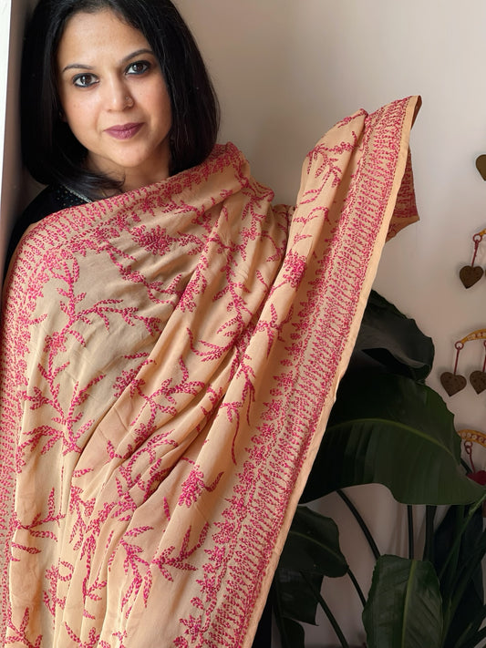 Beige Hand Embroidered Dupatta in Georgette